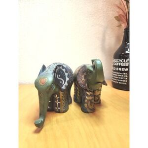 Hand Painted Elephant Figurines Set of 2 Tribal Folk Art Decor Made in China